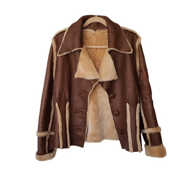 Vintage Faux Leather Fur Shearling Jacket With Beaded Embroidered Sleeve - Picture 3 of 7